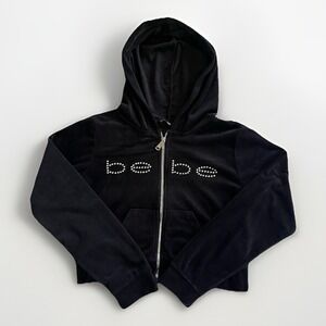 Bebe Velvet Hoodie Black Rhinestone Logo Y2K Grunge Streetwear Zip Up Cozy